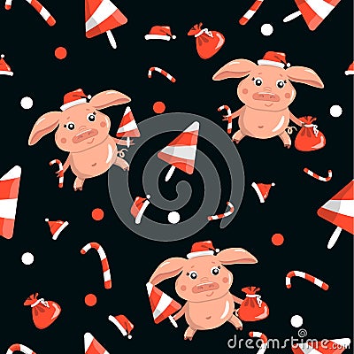 New year pattern with piglets, sweet seamless on black background Vector Illustration