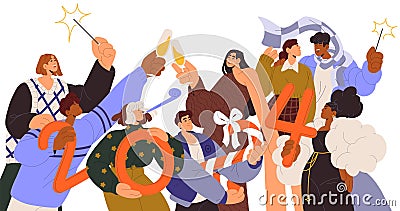 New year 2024. People celebrate newyear. Celebrating party. Men and women hold numbers in hands. Company, happy team Vector Illustration