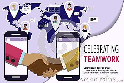 The concept of celebrating teamwork around the world online negotiations online deals Vector Illustration