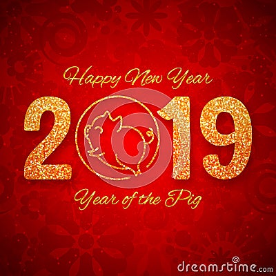 New year of the pig 2019 gold glitter design, chinese horoscope symbol, vector illustration Vector Illustration