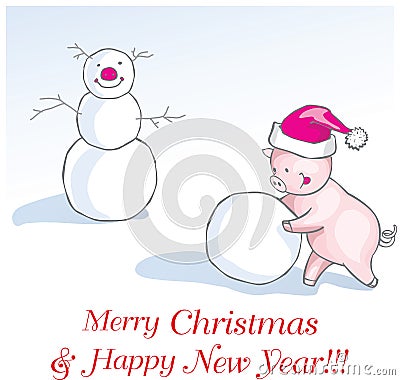 New year of the pig greeting card with cute cartoon piglet in funny winter cap making a snowman. Vector Illustration