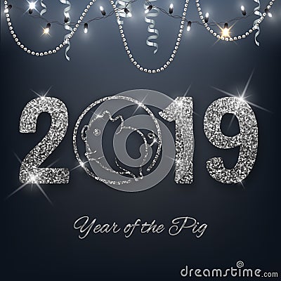 New year of the pig 2019 silver glitter design on red background Vector Illustration