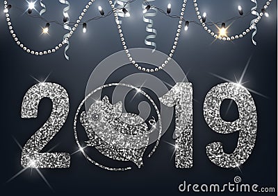 New year of the pig 2019 silver glitter design, chinese horoscope symbol, vector illustration Vector Illustration