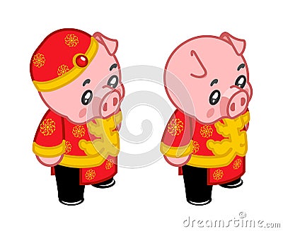 New year piggie birthday traditional kid wear costume chinese pig boy isometric character design vector illustration Vector Illustration