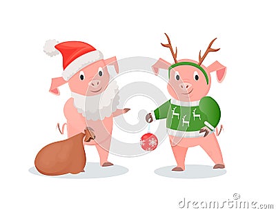 New Year Piglets in Santa and Deer Costumes Set Vector Illustration