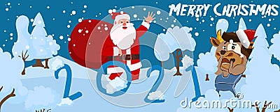 2021 New Year postcard with cute santa carry Christmas gifts in a bag. Winter holiday scene banner or advent calendar template. Cartoon Illustration