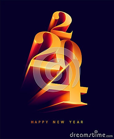 New year 2024 poster. Golden 3D holiday lettering design. Bright volumetric numbers on a dark background Vector Illustration
