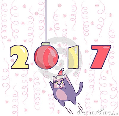New year poster with numbers, ornament, cat and confetti on background Vector Illustration