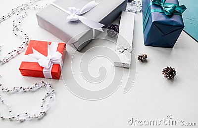 New year presents selection festive decor Stock Photo