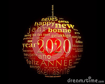 2020 new year , red black and gold multilingual text word cloud greeting card in shape of a christmas ball Stock Photo