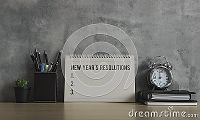 New Year resolutions, notes, goals, post, memo or action plan concept. Calendar with blank space for input text with clock, Stock Photo