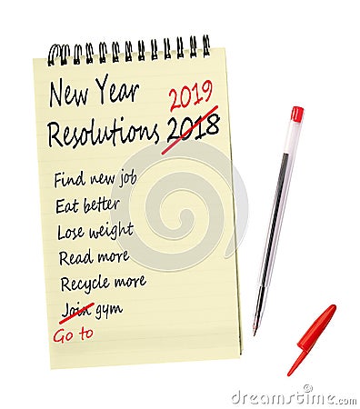 New year resolutions 2019 - same again. Notepad list isolated on white with pen. Stock Photo