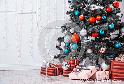 New year room with decorated Christmas tree Stock Photo