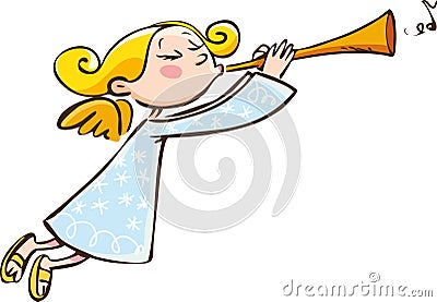 New Year`s angel Gazette little angel playing a golden trumpet Vector Illustration