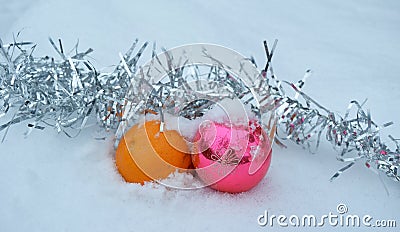 New Year`s background with Christmas toy and tangerine Stock Photo