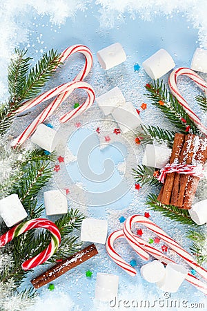 New Year`s blue background with ginger biscuits, sweets and swee Stock Photo