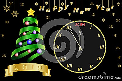 New Year`s card, a banner with a green ribbon in the form of a New Year`s, Christmas tree, a golden clock and snowflakes. Vector Illustration