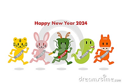 2024 New Year's card. Year of the Dragon. Animals running in the relay. Vector illustration. Vector Illustration