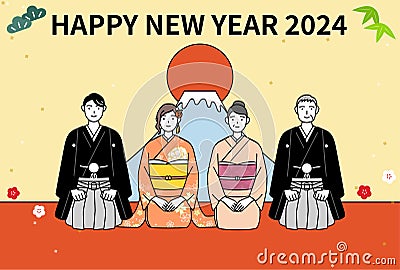 New Year's card for 2024, family in kimonos, Mt. Fuji and the first sunrise of the year Stock Photo