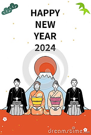 New Year's card for 2024, family in kimonos, Mt. Fuji and the first sunrise of the year Stock Photo