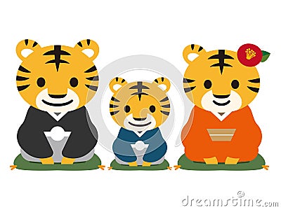 2022 New Year`s card material. Parent and child of a tiger in kimono Vector Illustration