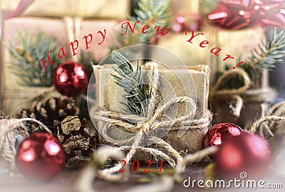 New Year`s card with the text, a New Year`s card with an inscription New year 2021, new year 2021, 2021 gifts on cards, a prompt n Stock Photo