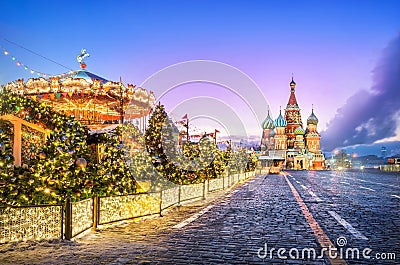 New Year`s carousel on Red Square Stock Photo