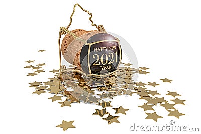 new year`s champagne cork and golden stars Stock Photo