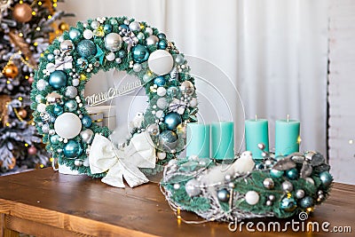 New Year`s or Christmas decor Christmas fair wreathes Stock Photo