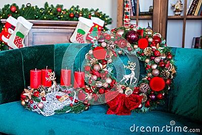 New Year`s or Christmas decor Christmas fair wreathes Stock Photo