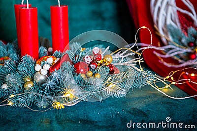 New Year`s or Christmas decor Christmas fair wreathes Stock Photo