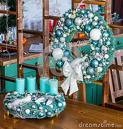 New Year`s or Christmas decor Christmas fair wreathes Stock Photo