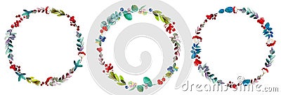 New Year`s, Christmas decor: wreaths, round frames made of winter branches, flowers and berries. For publications, labels, Stock Photo