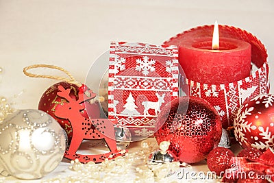 New year`s and Christmas decoration inred and silver color Stock Photo