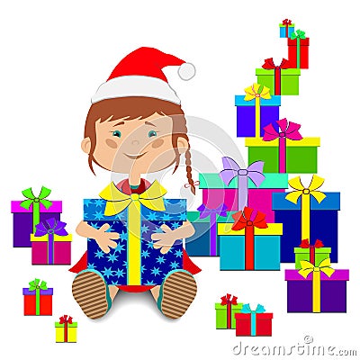 New Year`s or Christmas gifts and child Vector Illustration