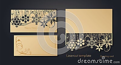 New Year`s and Christmas. Laser greeting card template, invitations for New Year events. Winter openwork, snow pattern Vector Illustration