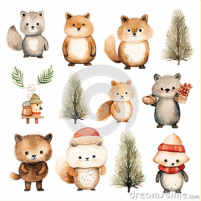 New Year's clipart animals and trees Stock Photo