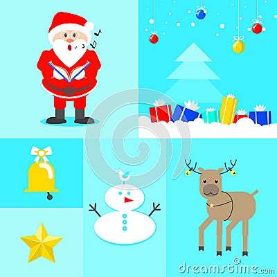 New Year`s collage. Santa singing christmas tree with gifts, rei Vector Illustration