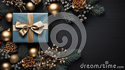 New Year's composition, Christmas, gift blue boxes with bows and pine branches Stock Photo