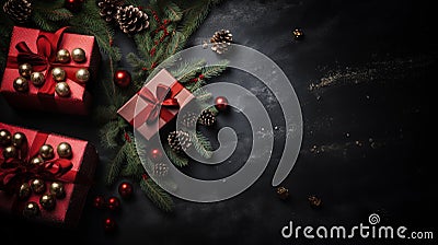New Year's composition, Christmas, gift boxes with bows and fir branches, decor Stock Photo