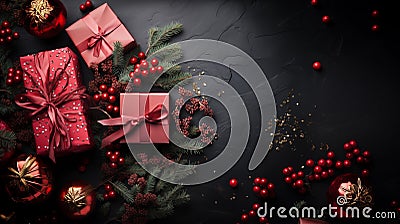 New Year's composition, Christmas, gift boxes with bows and fir branches, decor Stock Photo