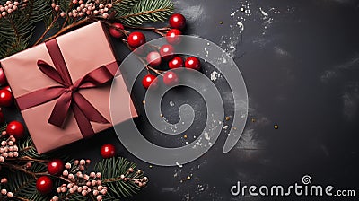 New Year's composition, Christmas, gift boxes with bows and fir branches, decor Stock Photo