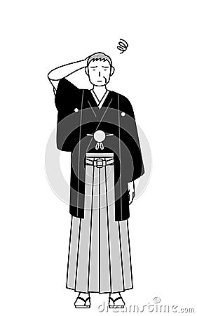 New Year's Day and weddings, Senior man wearing Hakama with crest scratching his head in distress Stock Photo