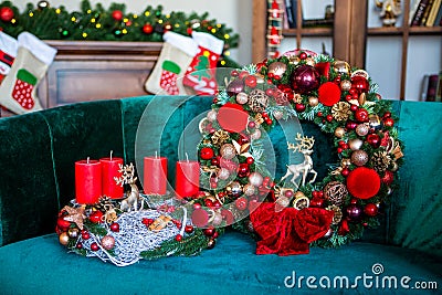 New Year`s or Christmas decor Christmas fair wreathes Stock Photo