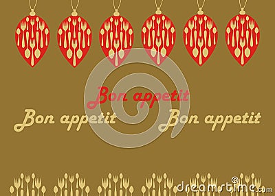 New Year`s Eve dinner, template for poster or menu. Christmas decorations in the shape of cones and the inscription Bon appetit. Cartoon Illustration