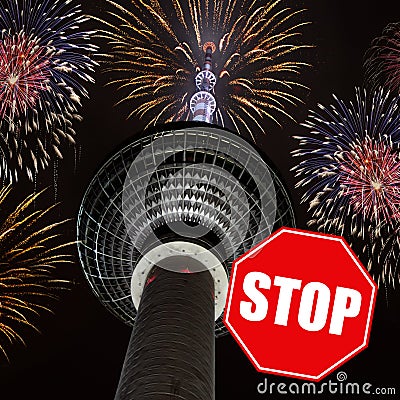 New Year`s Eve fireworks at the Berliner Fernsehturm Berlin TV Tower, due to the Covid-19 pandemic, there is a fireworks ban Editorial Stock Photo