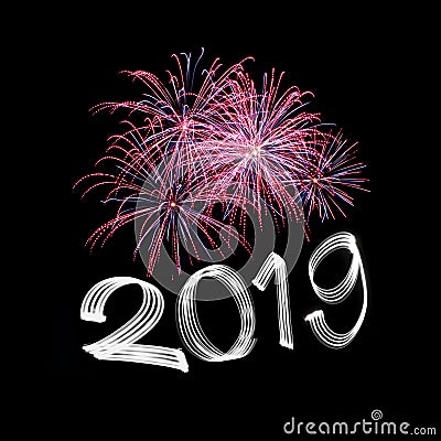 New Year`s Eve 2019 with Fireworks Stock Photo