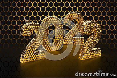 New Year's Eve hive with bee on honey comb Shiny hexagonal gold number 2021 on a black background with bees Stock Photo