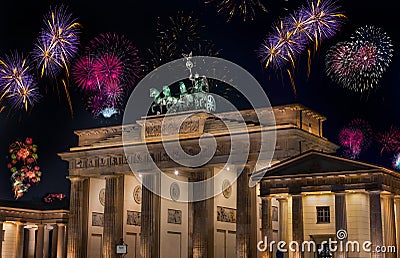 New Year`s Eve party at the Brandenburg Gate, Berlin in the New Year. Brandenburger Tor Brandenburg Gate one of the best-known Editorial Stock Photo