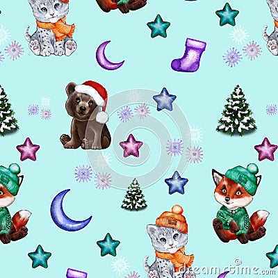 New Year`s Eve pattern with cartoon animals. Cute New Year fox, bear, snow leopard Stock Photo